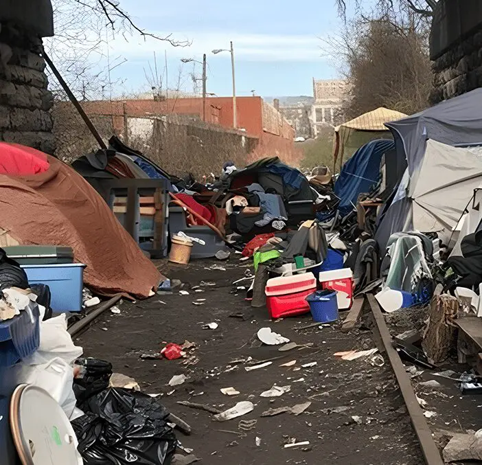 A street with many tents and garbage on the ground.