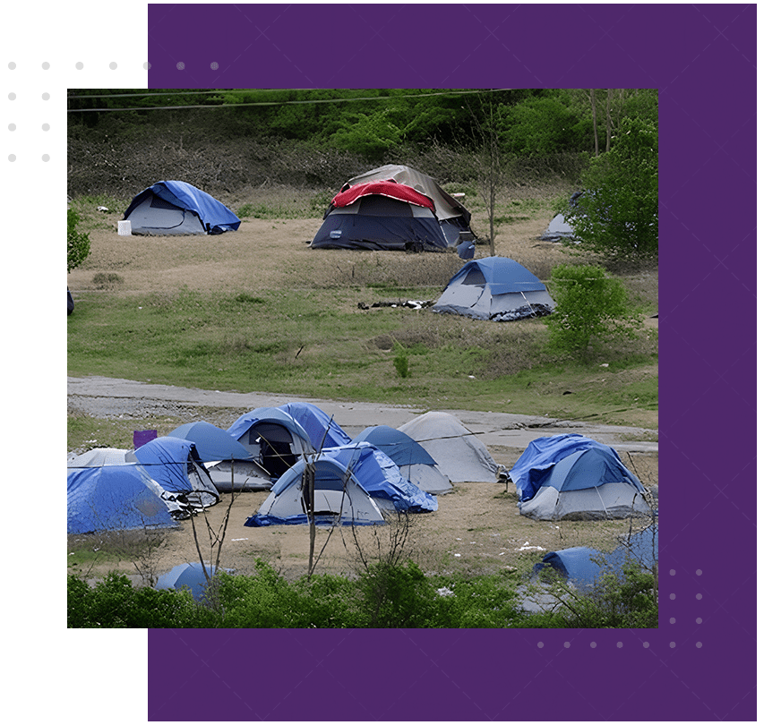 A group of tents in the grass near trees.