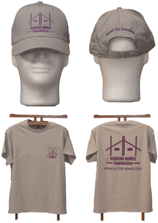 A hat and t-shirt are shown with different designs.